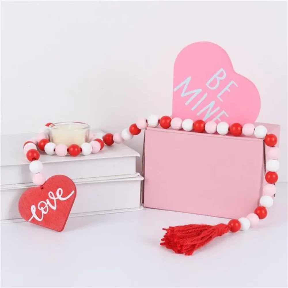 Farmhouse Wood Beaded Garland with Tassel, Valentines Day Decor